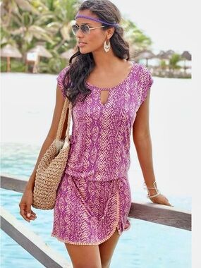 LASCANA Women's Mini Dress- Crochet Trim, Side Slit, Beaded Drawstring, size 6